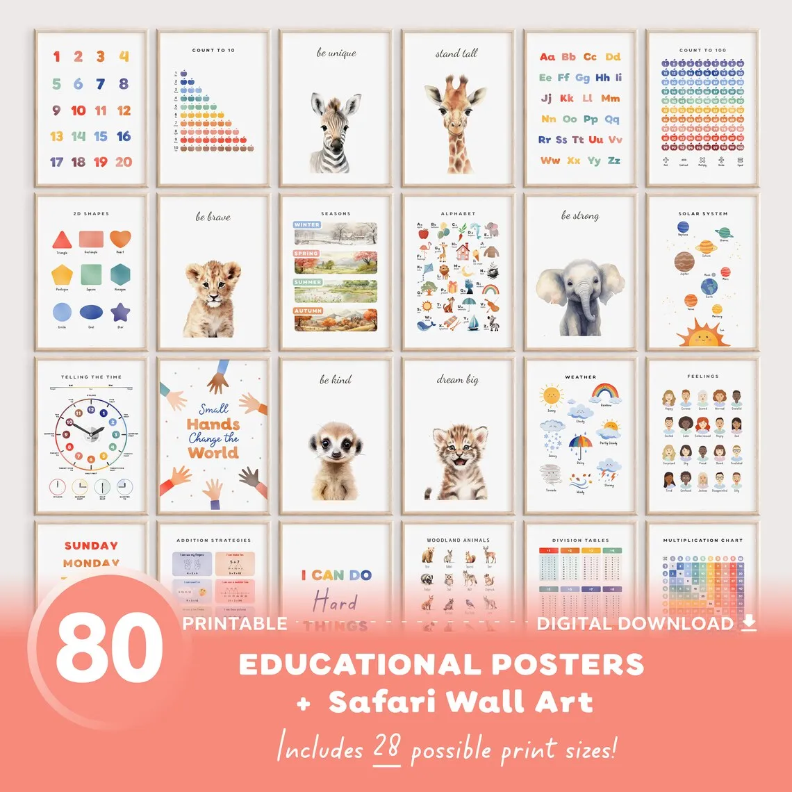 Set of 80 Educational Posters, Safari Nursery Decor, Homeschool Print, Montessori Classroom Decor, Educational printable, Montessori Nursery